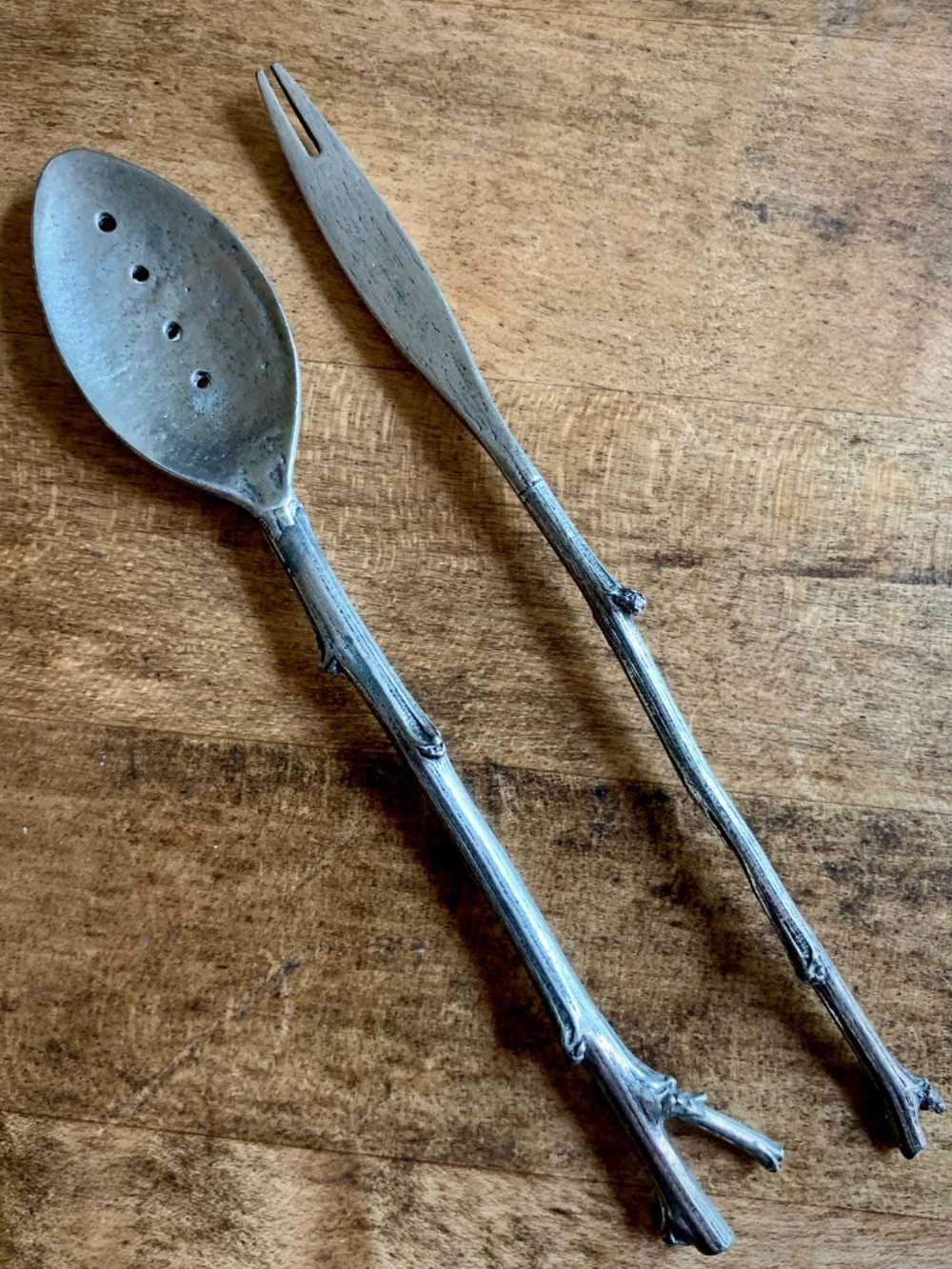 Modern Twig Metal Olive Spoon Fork Appetizer Serving Set Silver Tone